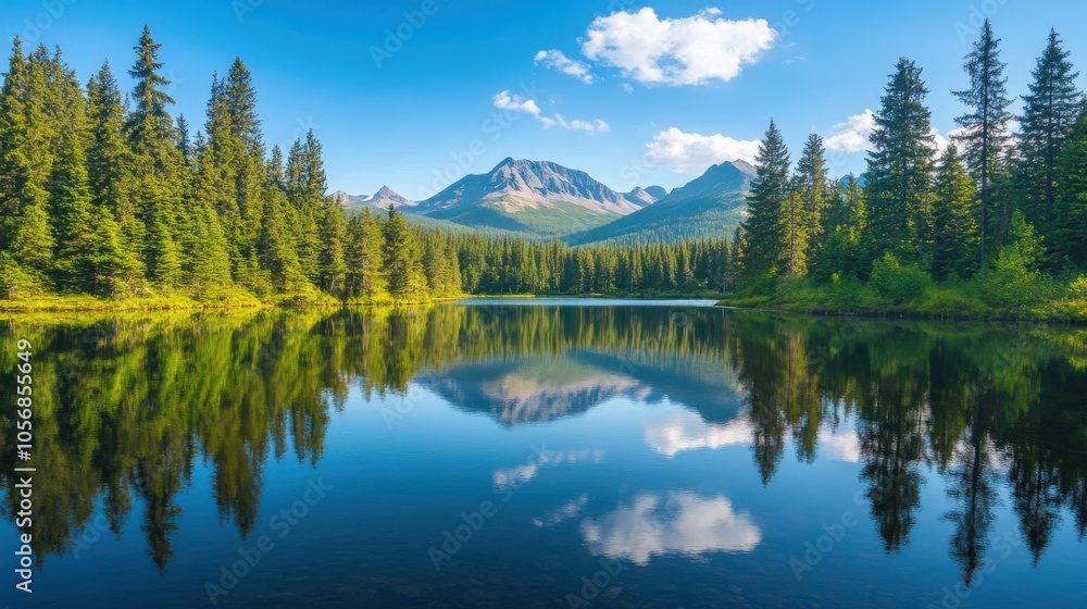 A wide view of a mountain range mirrored in the still water of the lake below A wide view of a mountain range mirrored in the still water of the lake below