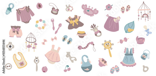 Set It's a baby. Hello girl. White background, isolate. Dresses, bib, handbag, toys, dishes.