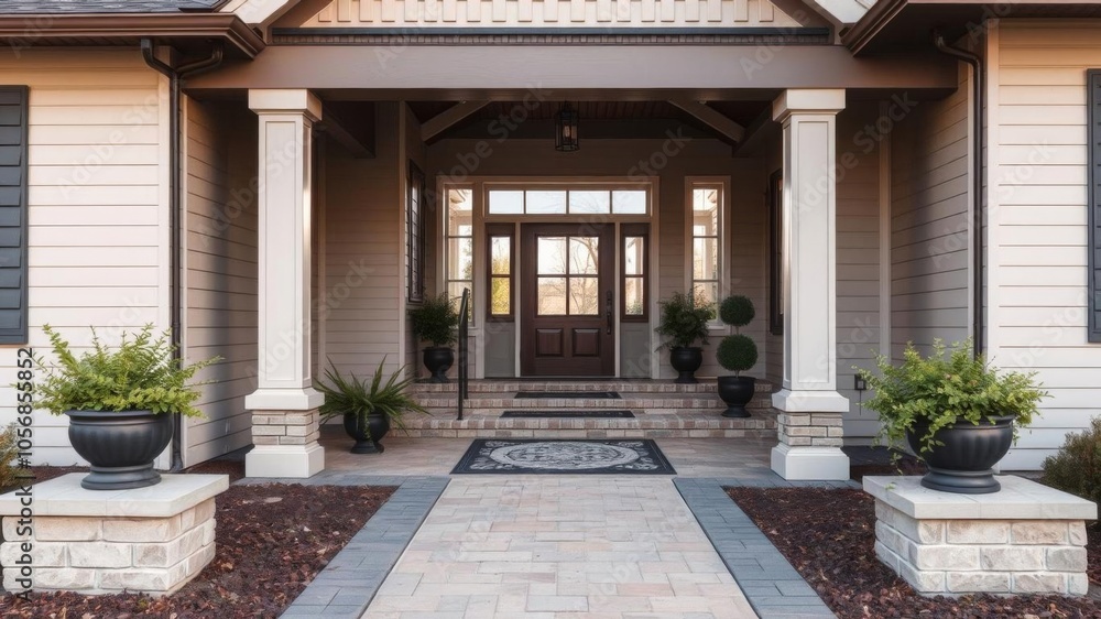 Fototapeta premium Outdoor staircase leading up to the entrance portico with sidelight next to front door, pathway, house