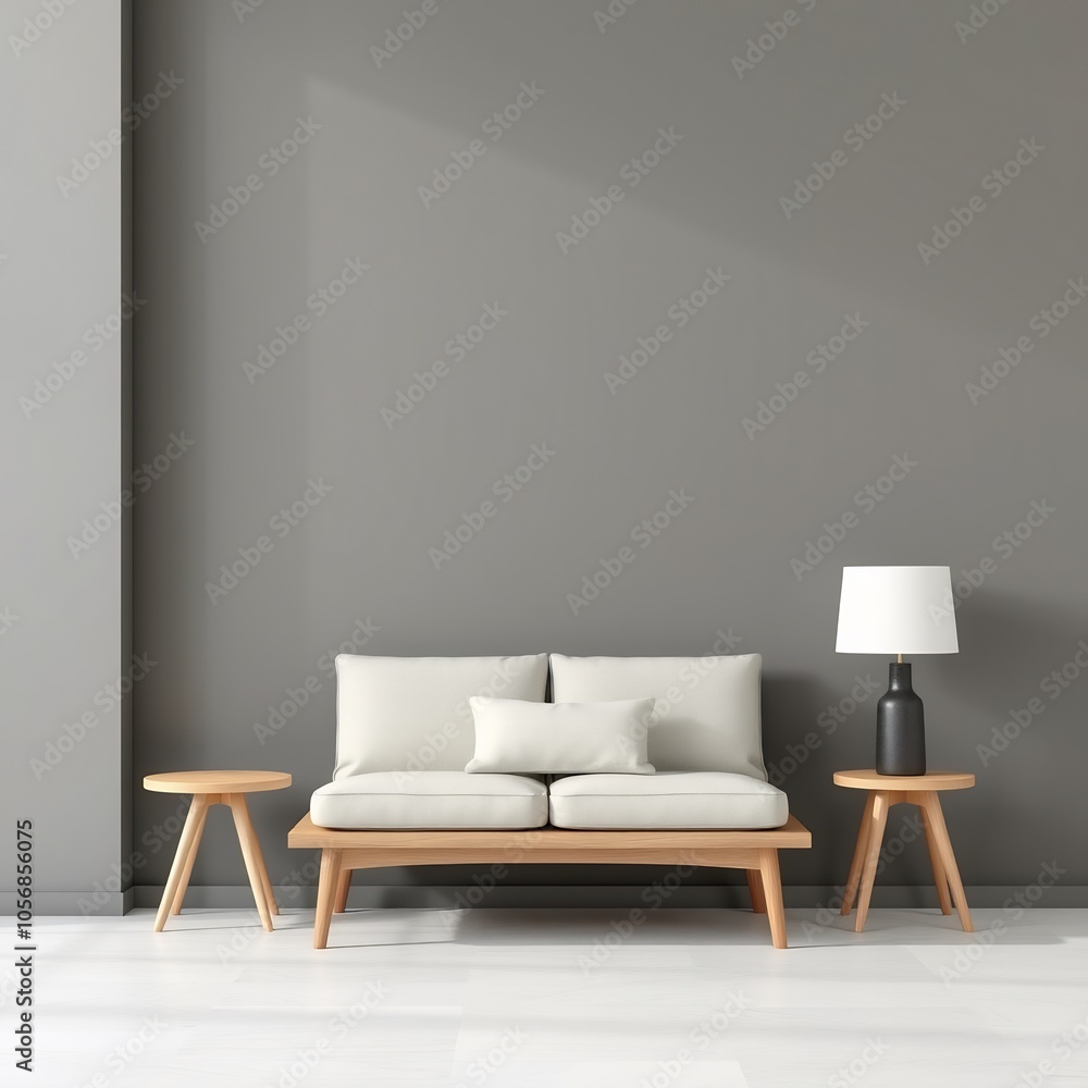 Minimalist living room with a white couch, two wooden side tables, and a lamp on a gray wall. Minimalist living room with a white couch, two wooden side tables, and a lamp on a gray wall.