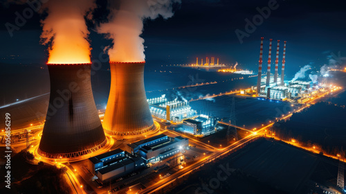 power station at night, featuring cooling towers emitting steam, surrounded by industrial buildings and illuminated by city lights, creates dramatic and powerful scene
