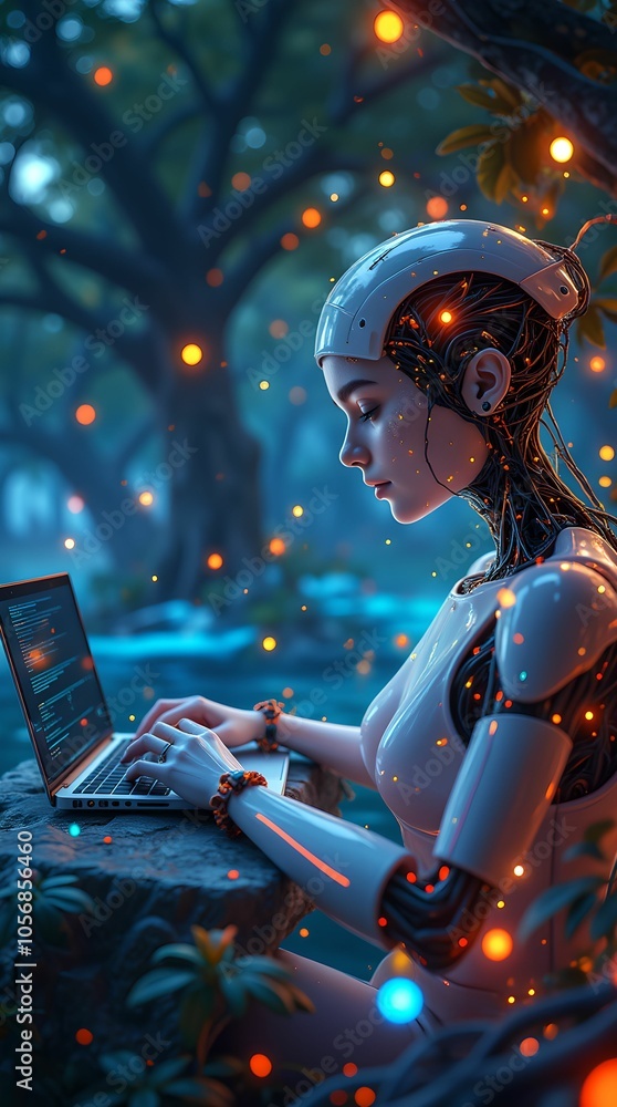 Robot sits at a laptop against the background of a night forest. Blurred bokeh, bright particles in the air. Future technologies, artificial intelligence.