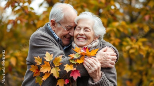 Romantic image of older couple sharing a kiss under vibrant autumn tree, happiness, bonding