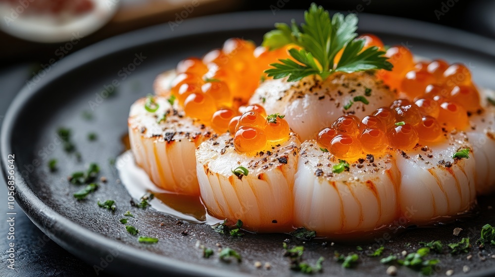 Elegant dish featuring scallops and salmon roe garnished with herbs. Elegant dish featuring scallops and salmon roe garnished with herbs.