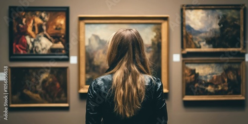 Thoughtful German Woman Immersed in Art Gallery Exploration and Reflection on Creative Expressions photo