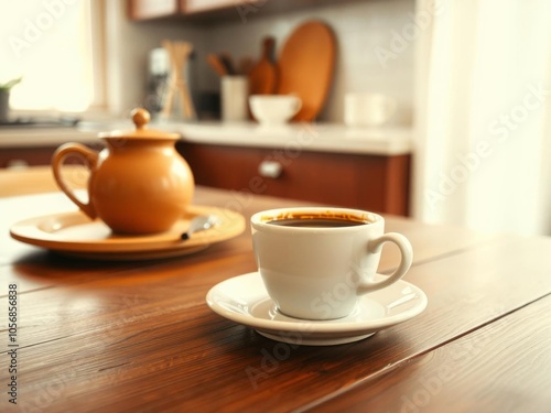 Steaming cup of freshly brewed coffee served in a ceramic cup on a wooden table, morning, wooden table