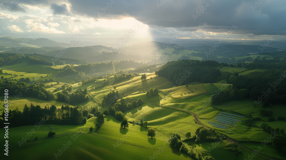 Fototapeta premium breathtaking landscape showcasing rolling green hills under dramatic sky, with sunlight breaking through clouds, creating serene and peaceful atmosphere
