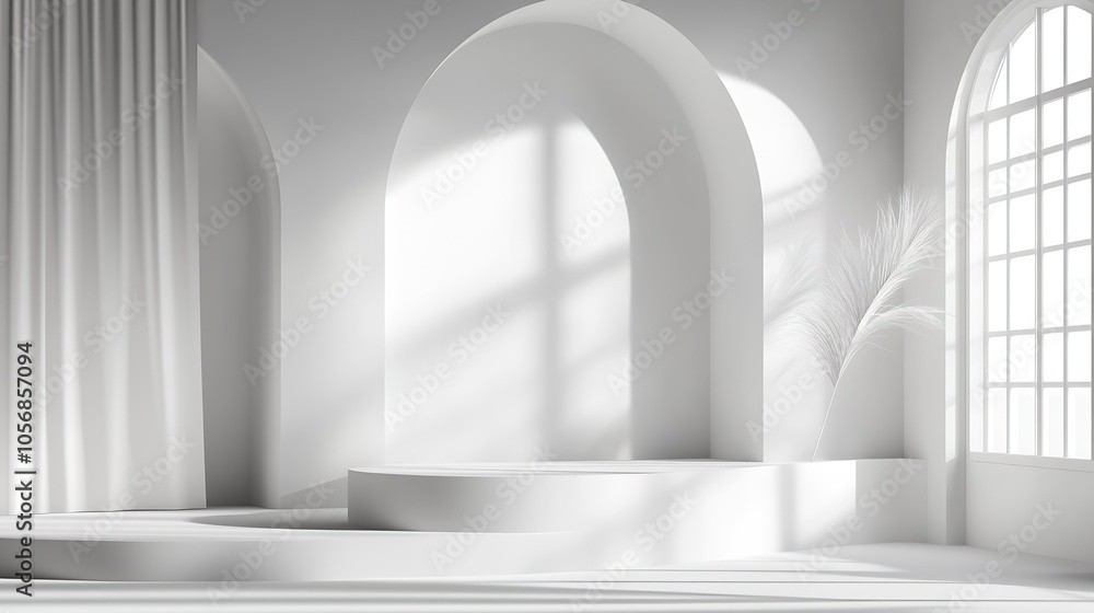 Fototapeta premium Contemporary Minimal Style White Room With Light And Shadows : Generative AI