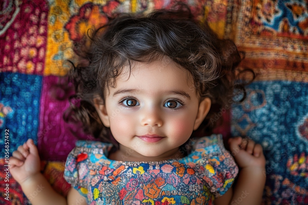 A young child resting on a vibrant blanket, perfect for family or kid-related content A young child resting on a vibrant blanket, perfect for family or kid-related content