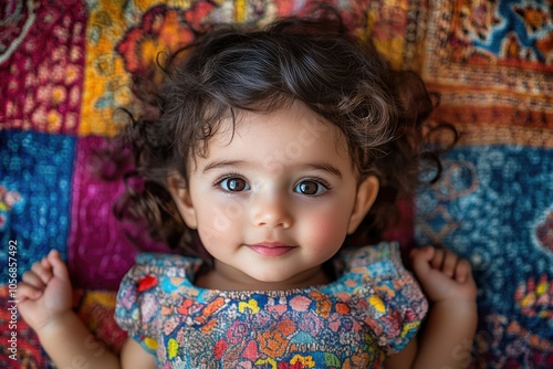 A young child resting on a vibrant blanket, perfect for family or kid-related content