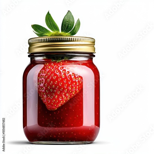 A photostock of a glossy strawberry jam in a jar on a white background, rich and flavorful. photo