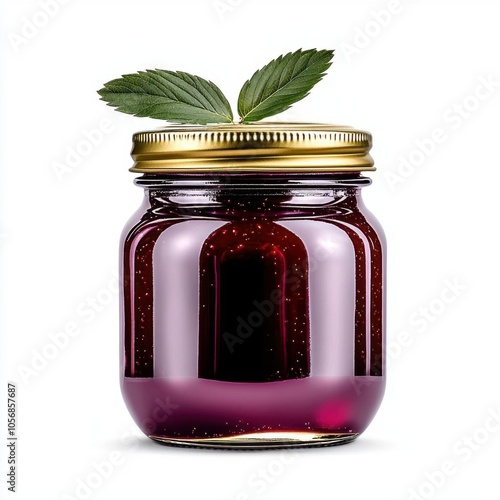 A photostock of a glossy strawberry jam in a jar on a white background, rich and flavorful. photo