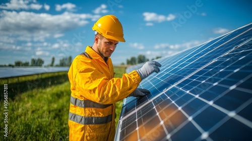 Worker in Yellow Examining Solar Panel Installation