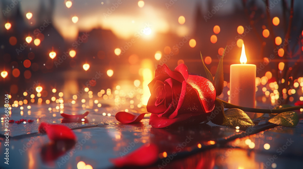 romantic scene featuring red rose and candle, illuminated by soft bokeh lights and sunset backdrop, creating warm and intimate atmosphere romantic scene featuring red rose and candle, illuminated by soft bokeh lights and sunset backdrop, creating warm and intimate atmosphere