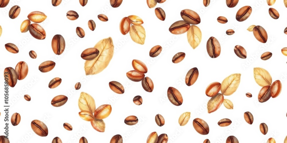 Watercolor retro style coffee beans pattern in gold and brown colors on white background, gold, seamless Watercolor retro style coffee beans pattern in gold and brown colors on white background, gold, seamless