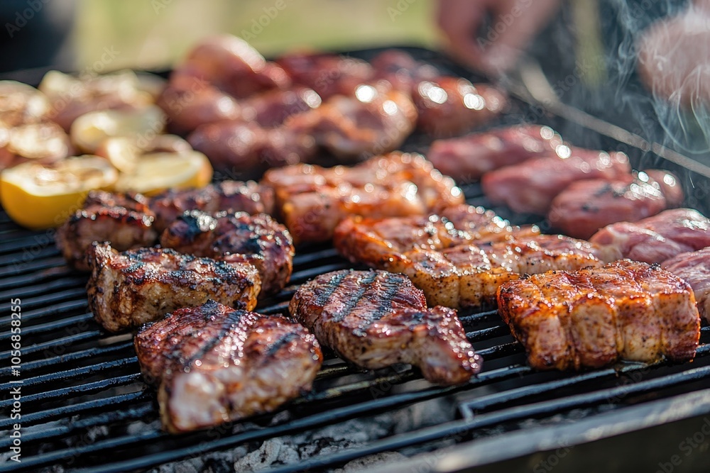 A close-up view of a grilled meal with meat and vegetables A close-up view of a grilled meal with meat and vegetables