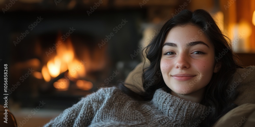 Canadian Young Woman Enjoying a Cozy Cabin Retreat with a Warm Smile by the Fireplace Canadian Young Woman Enjoying a Cozy Cabin Retreat with a Warm Smile by the Fireplace