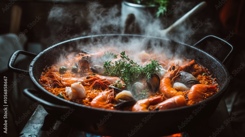 Spicy seafood cooking with prawns and safron in a wok Spicy seafood cooking with prawns and safron in a wok