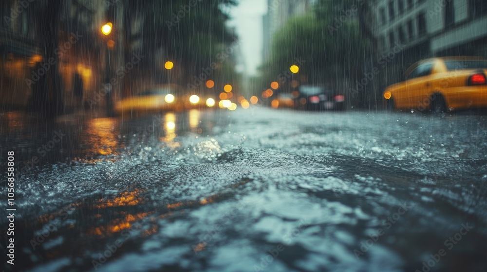 Rain Puddles and Streetlights Reflecting in Water on a City Street Rain Puddles and Streetlights Reflecting in Water on a City Street