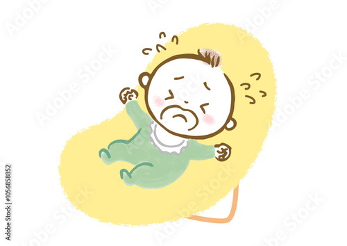 バウンサーに乗って泣いている赤ちゃんの手描きイラスト