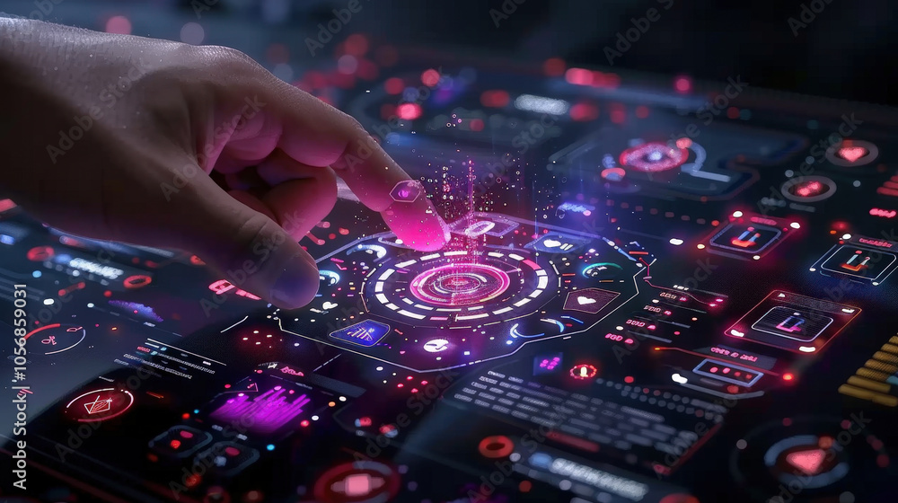 Obraz premium close up of finger navigating futuristic 3D digital interface, showcasing vibrant holographic elements and intricate designs. scene conveys sense of advanced technology and innovation