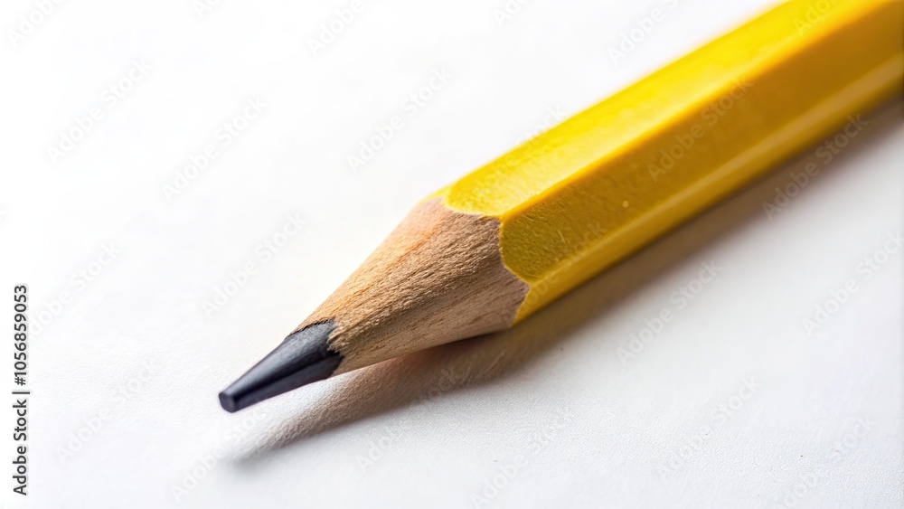 A close-up of a sharpened yellow pencil on a white background , school supplies, writing tool, stationery, education, art A close-up of a sharpened yellow pencil on a white background , school supplies, writing tool, stationery, education, art