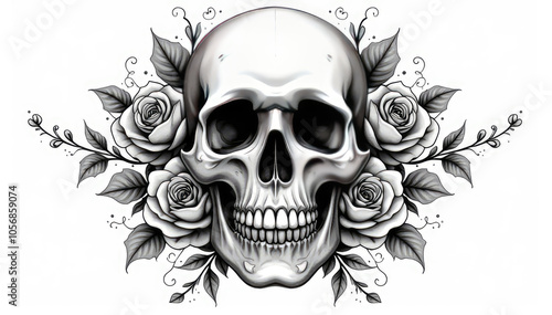 Fototapeta Naklejka Na Ścianę i Meble -  Skull and Roses Tattoo - Black and White Skull with Roses