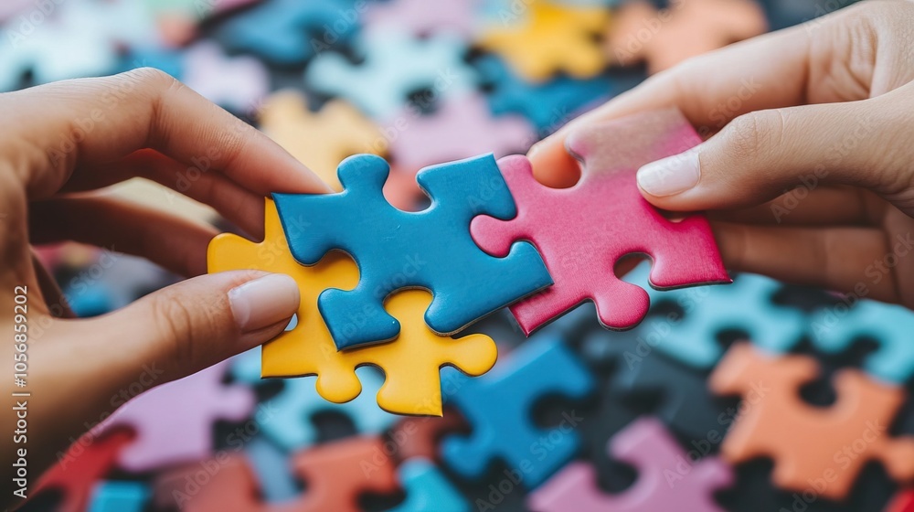 Hands Connecting Colorful Puzzle Pieces Hands Connecting Colorful Puzzle Pieces