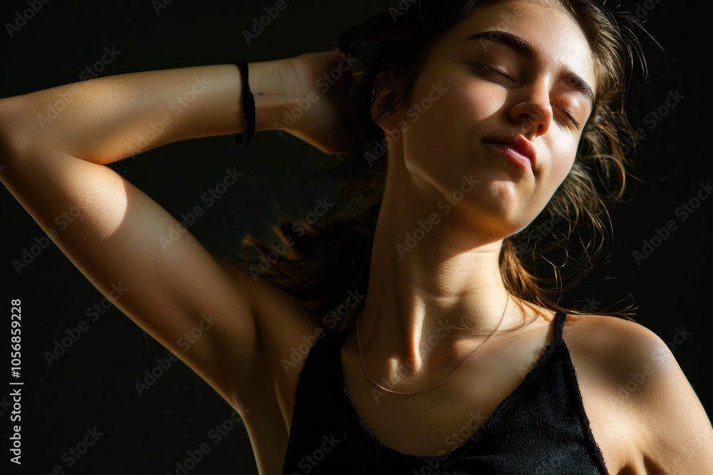 Naklejka premium A woman sits with her eyes closed and hands on her head, lost in thought