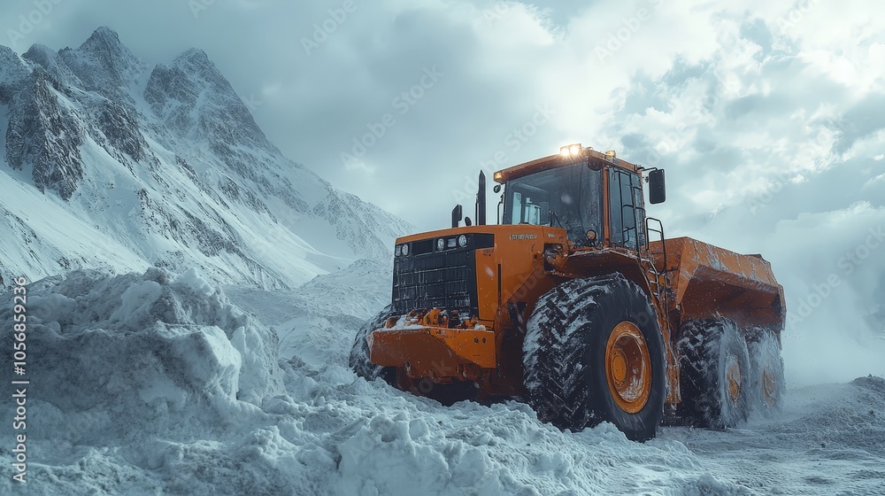 Mountain Snow Cleanup: Loader Removing Large Snow Piles Mountain Snow Cleanup: Loader Removing Large Snow Piles