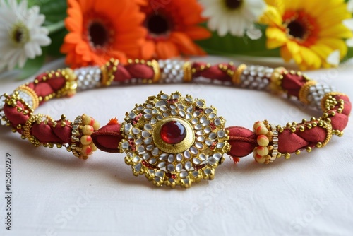 A beautifully crafted Rakhi bracelet with a red gemstone centerpiece, surrounded by intricate beadwork, celebrating the Indian festival of Raksha Bandhan.