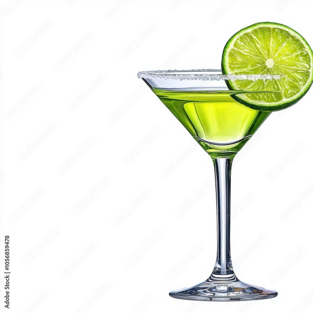 A photostock of a margarita glass with a salted rim and lime on a white background, classic and tropical. A photostock of a margarita glass with a salted rim and lime on a white background, classic and tropical.