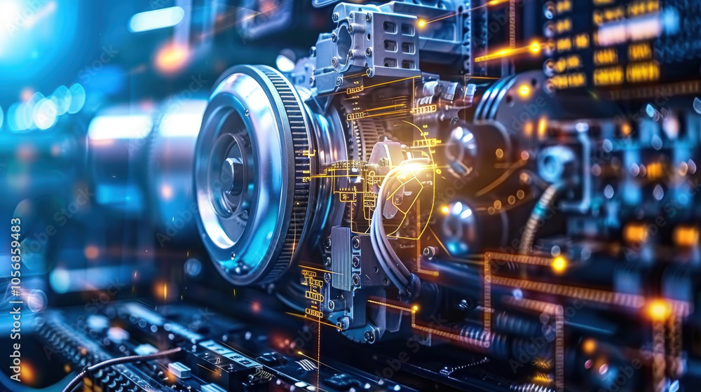 High tech close up of powerful jet engine showcasing intricate details and advanced technology. vibrant colors and glowing elements create dynamic and futuristic atmosphere