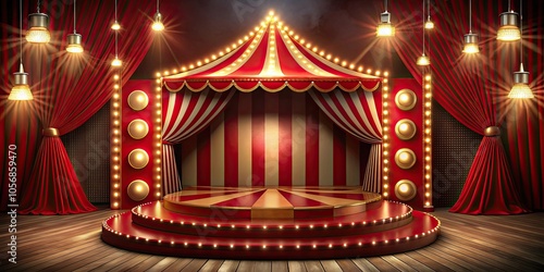 Circus stage podium background with carnival lights in red , circus, stage, podium, background,carnival, lights, red, performance