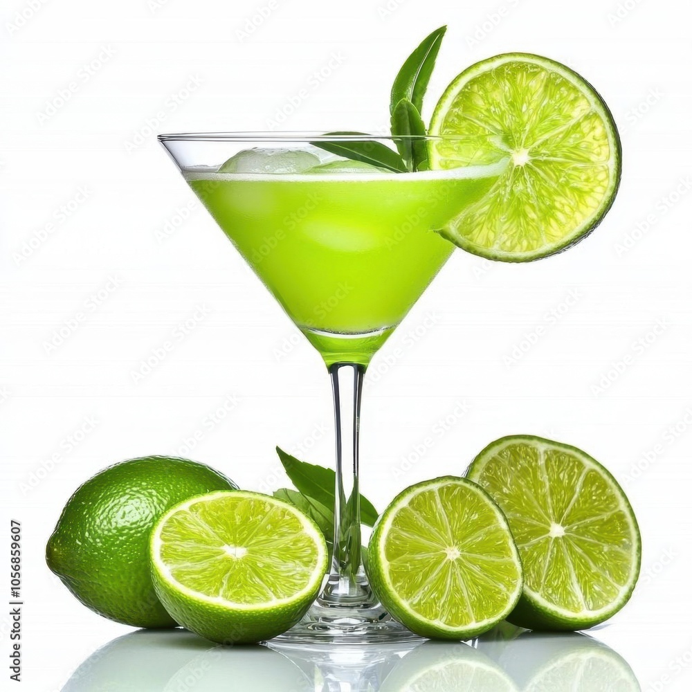 A photostock of a margarita with a lime garnish on a white background, refreshing and classic. A photostock of a margarita with a lime garnish on a white background, refreshing and classic.
