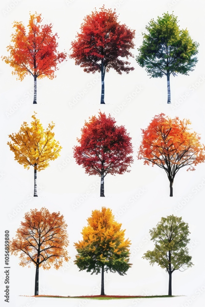 A group of trees with different colored leaves, ideal for nature and autumn themed designs A group of trees with different colored leaves, ideal for nature and autumn themed designs
