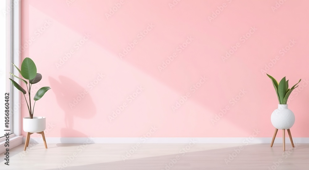 Minimalist pink wall room interior with two plants in pots. Minimalist pink wall room interior with two plants in pots.