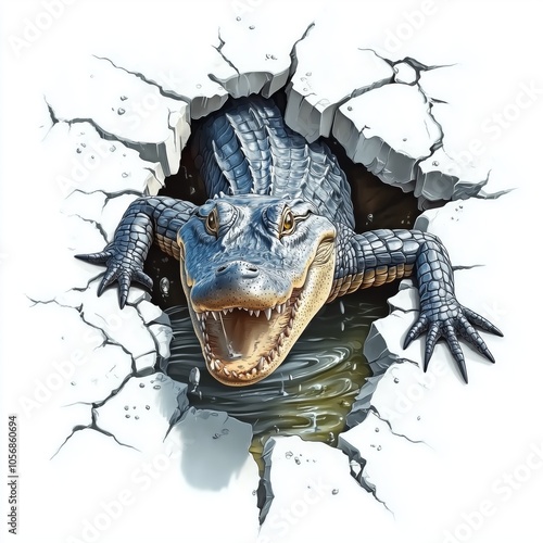 3D illustration of an alligator pop-up through a wall, isolated on a white background