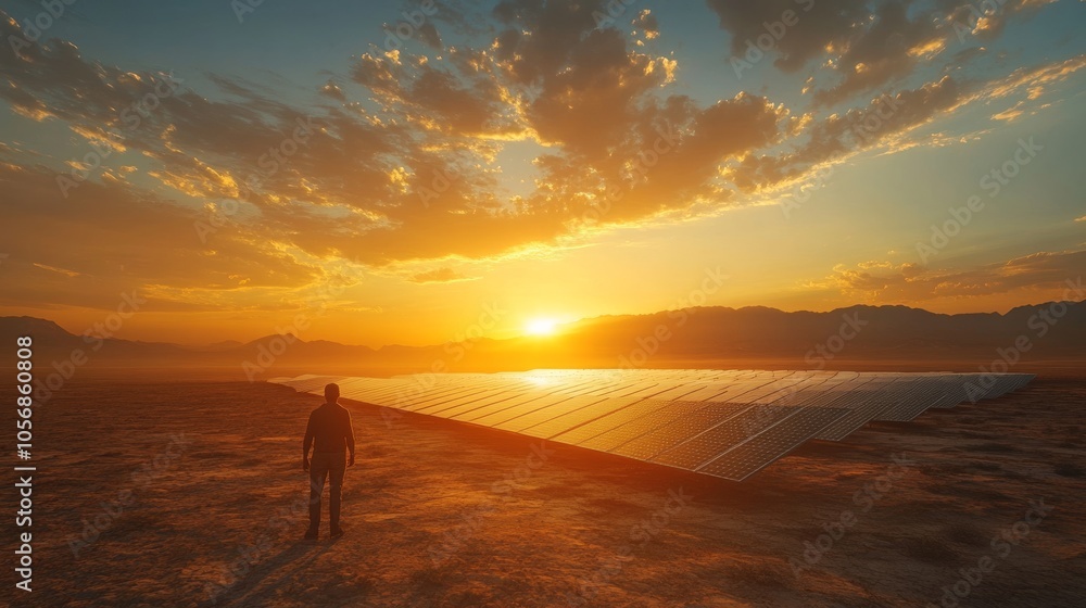 A lone figure contemplates a vast solar panel field at sunset A lone figure contemplates a vast solar panel field at sunset