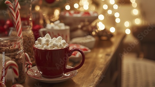 a cozy hot chocolate station with marshmallows, candy canes, and festive mugs. Christmas vibe