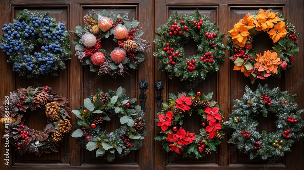A display of festive wreaths on a wooden door. A display of festive wreaths on a wooden door.
