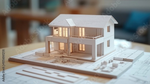 A detailed 3D house model displayed on a table with architectural plans and design tools.