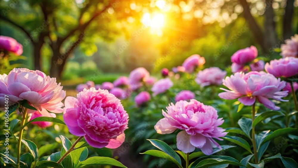 Obraz premium Beautiful peonies in a garden with sunlight filtering through the trees on a warm morning, tree branches, morning light, peonies, botanical, bloom