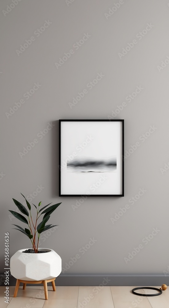 Minimalist interior design with a plant in a white pot and a framed black and white artwork on a gray wall. Minimalist interior design with a plant in a white pot and a framed black and white artwork on a gray wall.
