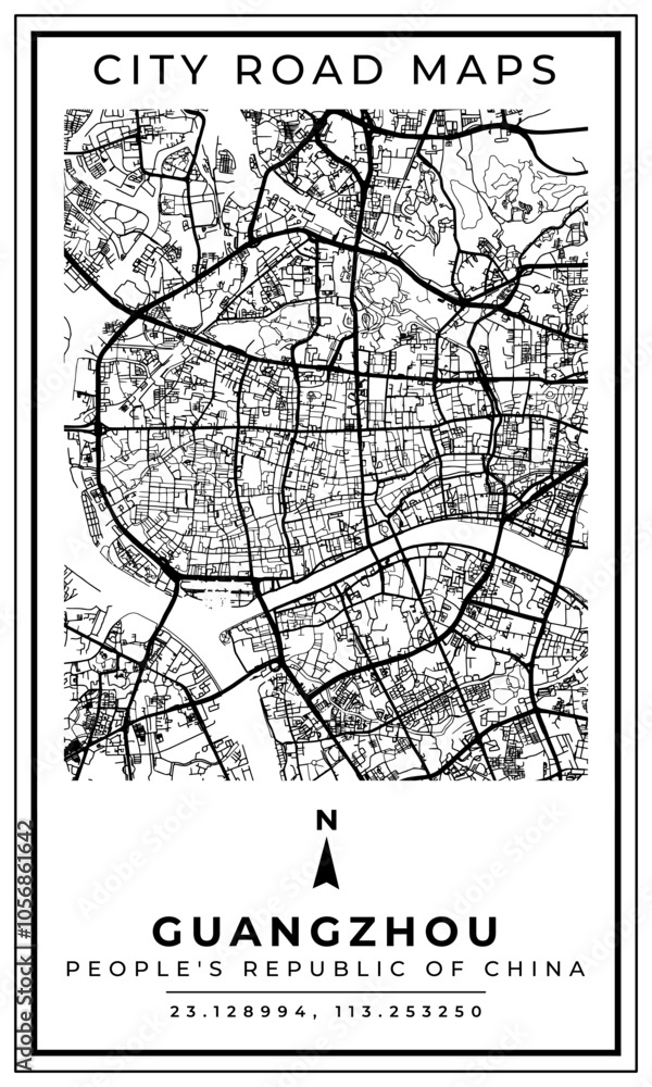 Monochrome Line Art Map of Guangzhou City People Republic of China, Illustration and home decoration Monochrome Line Art Map of Guangzhou City People Republic of China, Illustration and home decoration