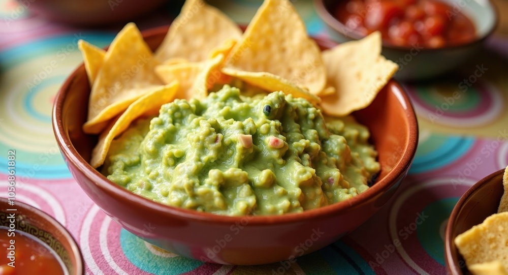 A bowl of guacamole with tortilla chips and salsa A bowl of guacamole with tortilla chips and salsa