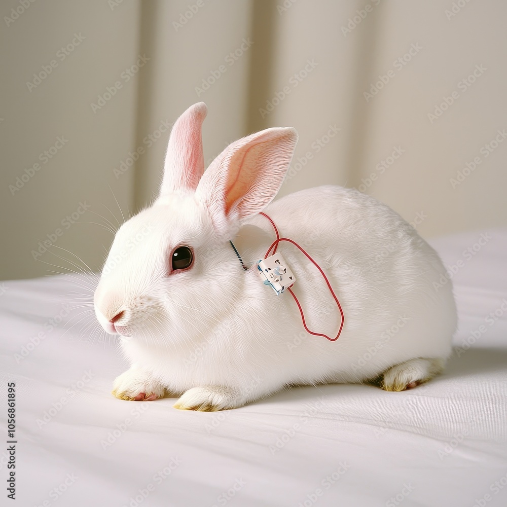 White rabbit with a small device on its ear, resting on a soft surface. White rabbit with a small device on its ear, resting on a soft surface.