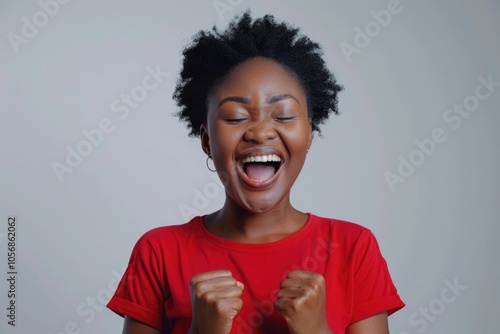 A woman with a bright red shirt on makes a comical expression