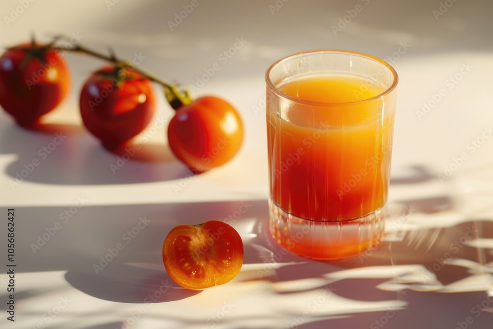 A glass of orange juice placed next to some ripe tomatoes on a table A glass of orange juice placed next to some ripe tomatoes on a table