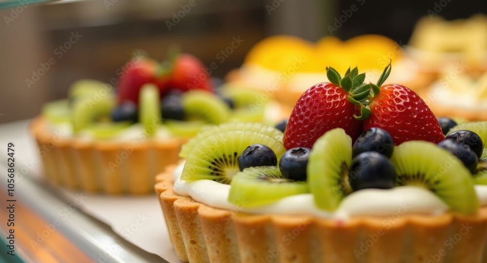 A fresh fruit tart with kiwi, strawberries, and blueberries A fresh fruit tart with kiwi, strawberries, and blueberries